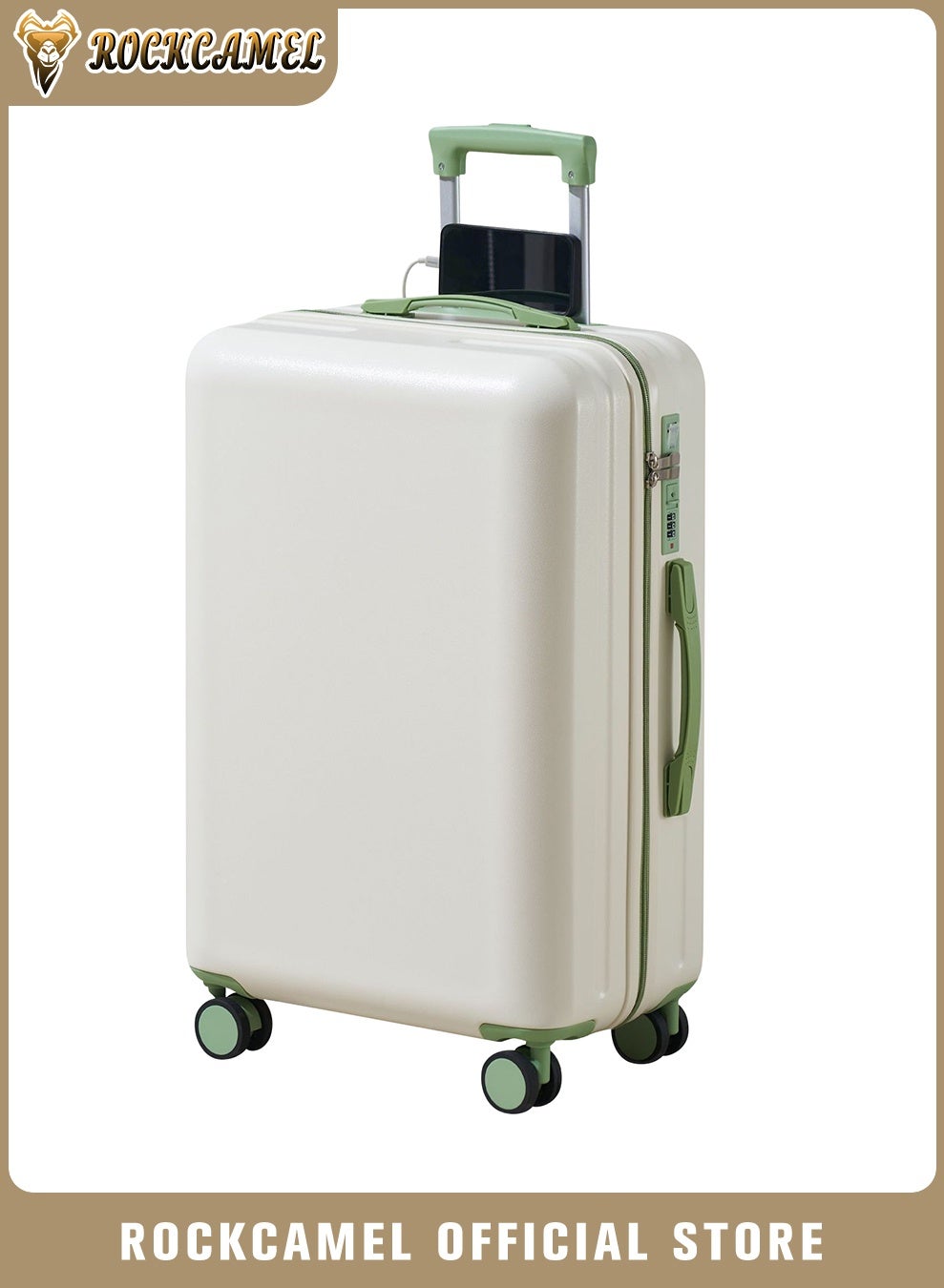 Carry-On Luggage, 20-Inch Lightweight Suitcase with Built-in USB Charging Port, Hooks, and Silent Spinner Wheels, Hardside Luggage for Travel, College Students, Cabin Sized, White & Green